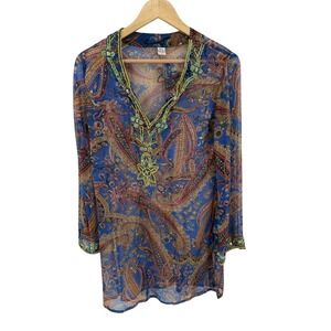 Raj Womens Silk Coverup Size S Boho Natural Beaded Embroidered Festival Fairy